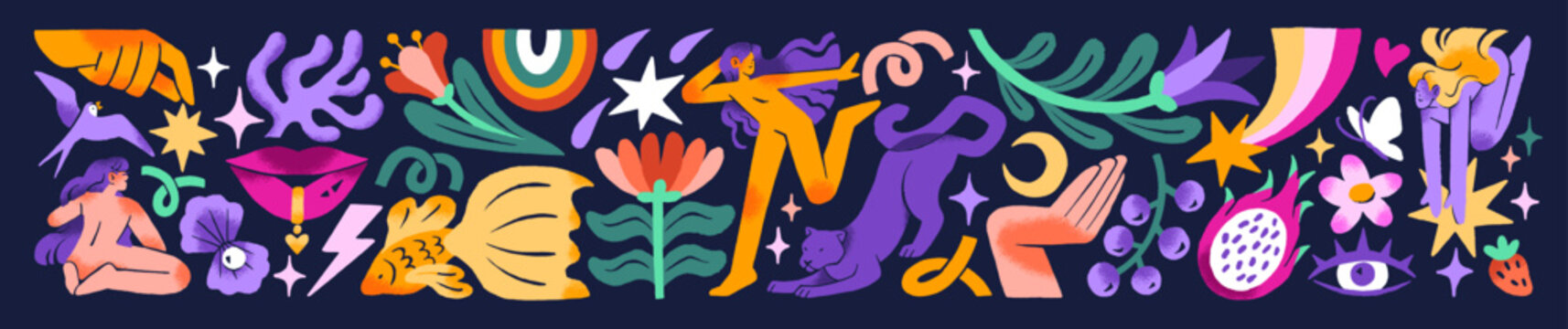 Doodle elements set. Modern abstract art: different shapes, girls' silhouettes, stars, leaves, eyes, cute flowers and animals. Funny and reative colourful stickers. Flat isolated vector illustrations.