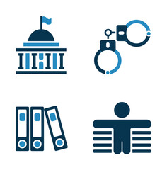 Obraz premium Vector icons depicting a government building, handcuffs, books, and a person reading documents.