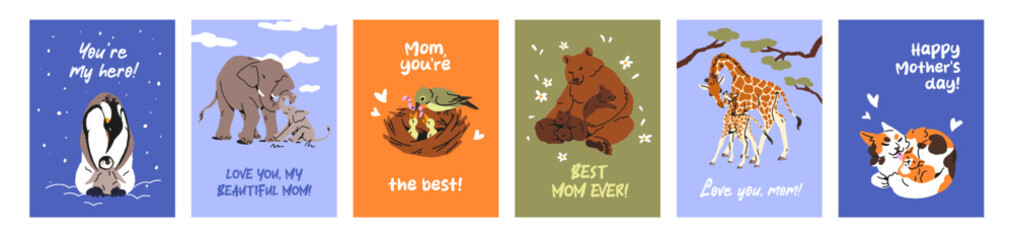 International Mother's Day postcard set. Design of greeting cards for moms. Templates with happy animals and their cute babies. Festive layouts, holiday gifts for mamas. Flat vector illustrations. © Paper Trident