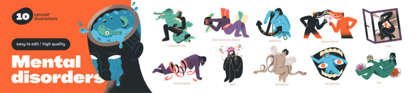 Mental disorders set. Psychological problems concept. Anxiety, depression, stress, eating and body dysmorphic disease, PTSD and OCD. Mind health. Flat isolated vector illustrations on white background