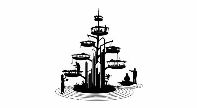 People interacting with a whimsical, multi-level treehouse structure with organic shapes.