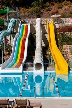 Waterslides in the pool area of the Orka Sunlife Hotel in Turkey