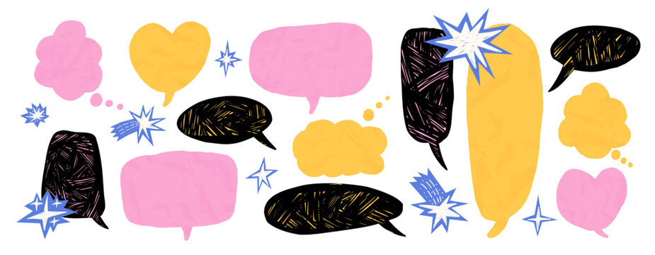 Crumpled paper and crayon drawn speech bubbles with torn edges create playful comic dialogue elements perfect for retro chat design and creative paper craft project. Vector message testimonial shapes.