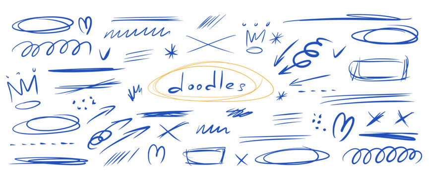 Hand-drawn messy pen abstract doodles. Scribbles, crown, hearts, naive expressive scratches. Text highlight lines, rectangles, circles, spontaneously underlines, scrawl. Vector pencil scratches no bg.