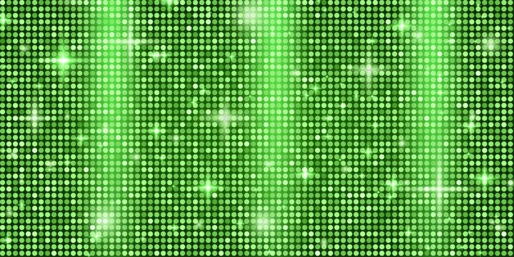 Green disco sequin background with glitter fabric and glam texture. Dance party tile pattern with mosaic backdrop for holiday design. Vector sequin or disco ball glow emerald gradation background.