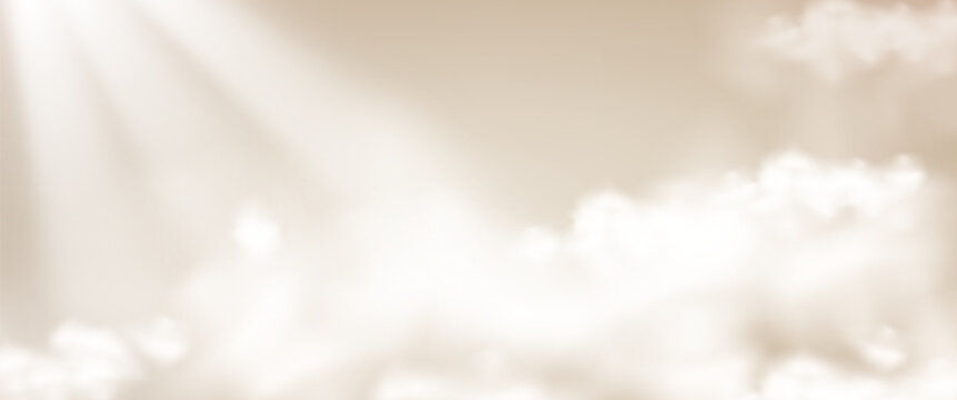 Beige creamy clouds with sunburst lights fantasy background. Heaven blur bokeh sky sunny summer day template. Warm morning atmosphere surface for cosmetic. Pastel caramel color cloud. Vector bg.