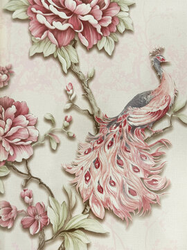 Classic vintage pink and red rose flower with peacock bird illustration. Suitable for graphic background, wallpaper, backdrop, and wall covering. Seamless background texture.