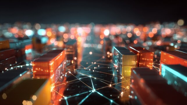 Unveiling global commerce: intricate views of shipping containers. Data network. Majestic port view with adjusted container positions in international trade. Information flow.