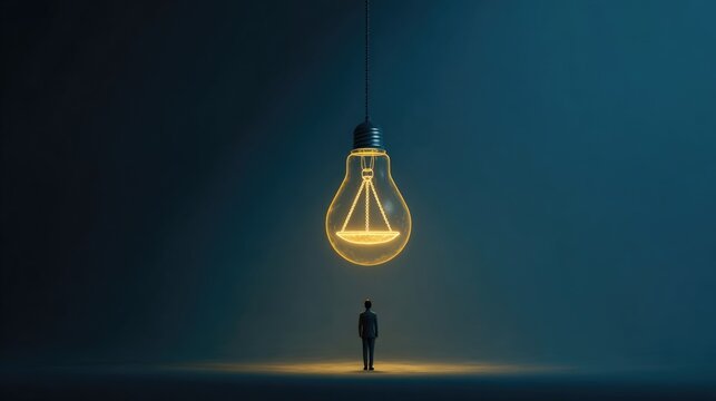A lightbulb moment above a person's head, the filament shaped as a scales of justice