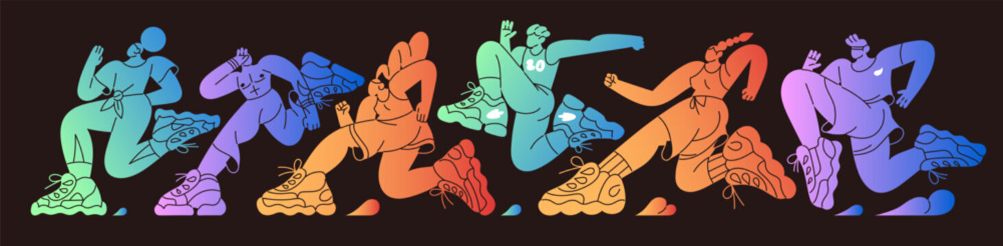 Colourful silhouettes of joggers set in gradient style. Banner with group of fast running athletes on marathon. Jogging runners contest in sports competition. Flat isolated vector illustration.