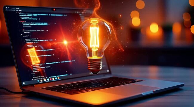 Laptop computer with coding screen and glowing lightbulb on a wooden desk at night with soft bokeh lights in the background