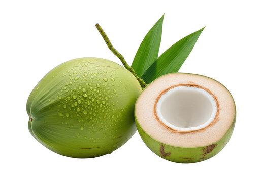 Freshly cut young green coconut revealing its edible white interior and water