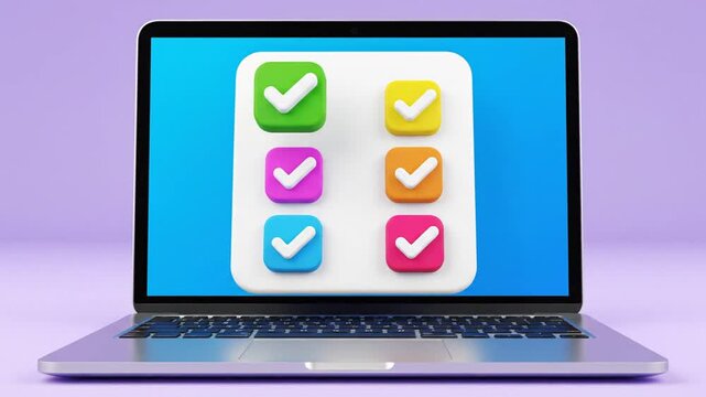 Laptop screen displaying checklist with colorful checkboxes and checkmarks on blue background from a front viewpoint
