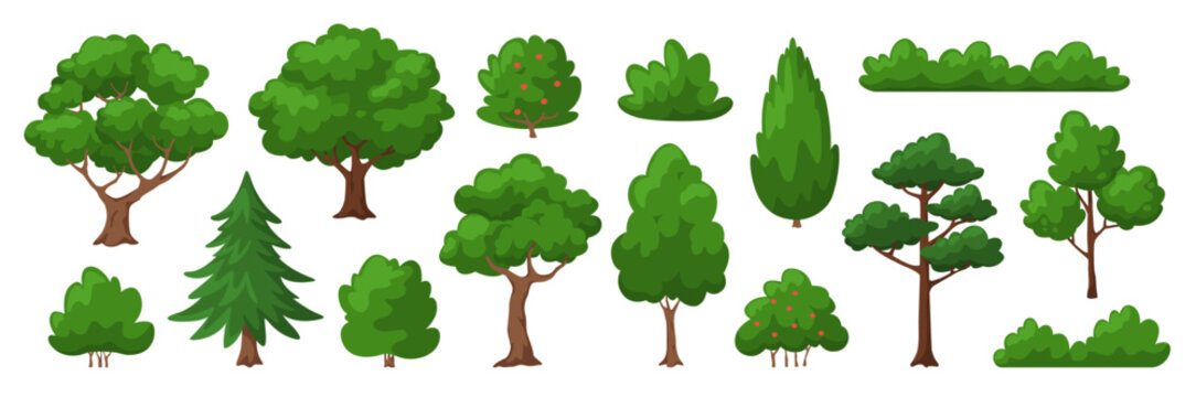 Tree and bush with leaf wood bark set including pine fir oak elm and ash. Green plant for wild park land or hill shrub with grass and branch. Flat vector clip art pack for game map mark in toon style