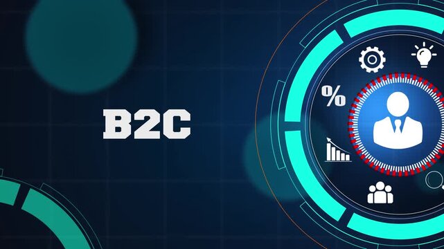 Business to consumer marketing strategy and customer engagement concept on a high tech digital blue background with glowing icons for professional growth and success