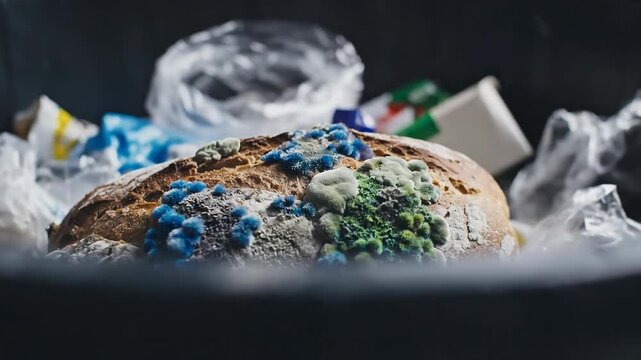Moldy bread thrown into a trash can, symbolizing waste and decay