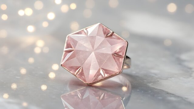 Soft pink poudretteite shaped into a six point rose star cut delicate pastel glow intricate symmetrical facets placed on reflective silver mirror surface dreamy diffused lighting