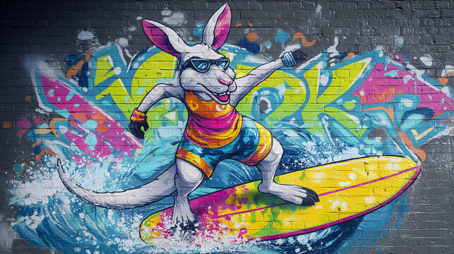 Kangaroo surfer in multicolored paints on a gray brick wall, graffiti style