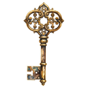 Ornate, vintage key with intricate details, aged appearance, isolated on a black background