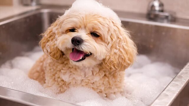 Small fluffy dog enjoying a bubble bath in a sink, happy pet hygiene routine at home, professional grooming and animal care concept.