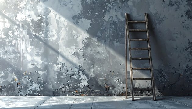 Escalera de madera con sombra diagonal sobre pared de hormig&oacute;n envejecida en interior industrial minimalista