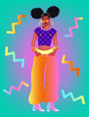 Illustration of a fashionable girl on a blue and pink background.