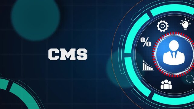 Business content management system strategy and digital platform concept on a high tech blue background with glowing icons for professional growth and success