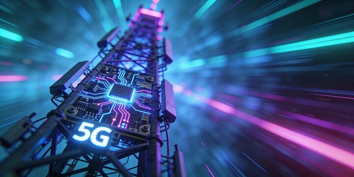 Glowing 5G tower with integrated circuit. Next-generation wireless communication for mobile network. High-speed internet technology concept.