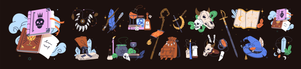 Witchcraft items set. Wizard stuff: fantasy cauldron, magic crystals, wand, pointed hat. Different witch's tools: skulls, spell book, candles. Halloween elements. Flat isolated vector illustrations. © Paper Trident