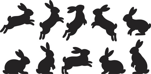 Rabbit Silhouette Set with Jumping and Sitting Bunny Poses Black Animal Vector Illustration Collection Isolated on White Background © MSTALIFNUR