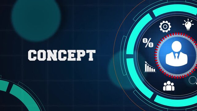 Business strategy development and conceptual management model on a high tech digital blue background with glowing icons for professional growth and success