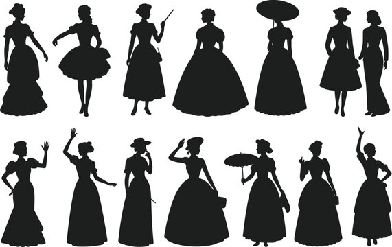 Victorian Era Women Silhouettes Collection Featuring Elegant 19th Century Dresses, Parasols and Vintage Fashion Poses Isolated on Light Background for Design Use