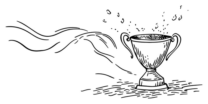Winner trophy cup with liquid splashes and motion lines in hand drawn sketch style