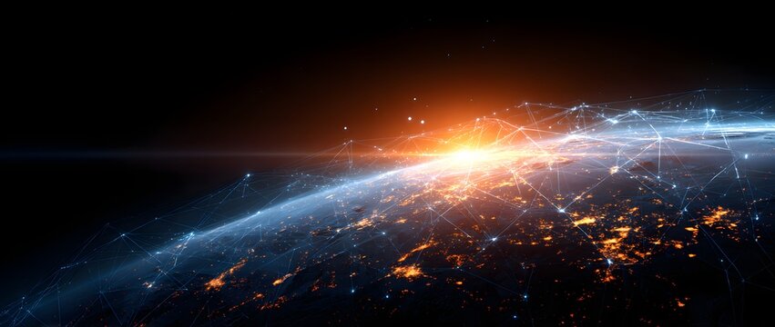 Detailed view of earth surface with intricate golden city lights and glowing blue mesh network lines illustrating international business and cloud computing architecture from outer space view