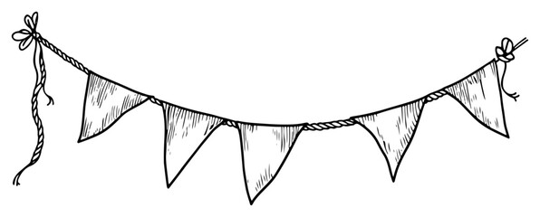 Hand drawn doodle of a bunting garland with triangular flags hanging on a rope © Kaz