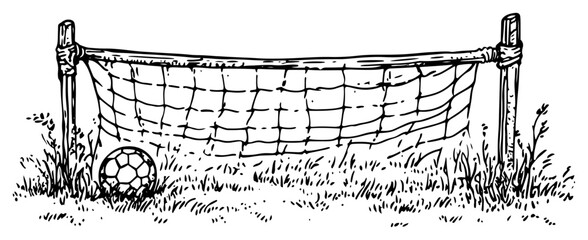 Hand drawn illustration of a soccer ball resting near a goal net in the grass © Kaz