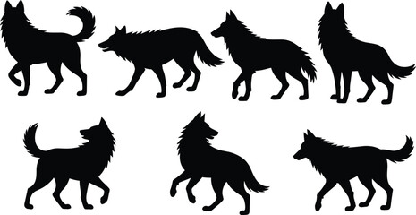Obraz premium Wolf silhouettes collection in different poses, wild animal black shapes set isolated on white background, forest predator illustration for design and decoration