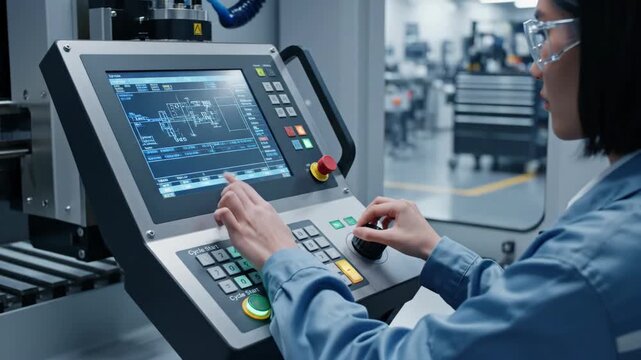 Woman operates a CNC machine control panel displaying a technical schematic