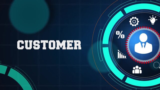 Business customer relationship management and consumer behavior strategy concept on a high tech digital blue background with glowing icons for professional growth