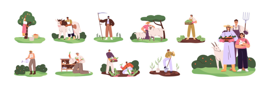 Farmers set. Agriculture workers care about farm and garden. People gather fruit and vegetables, planting trees, dig soil, feed animals, mow hay. Flat isolated vector illustrations on white background
