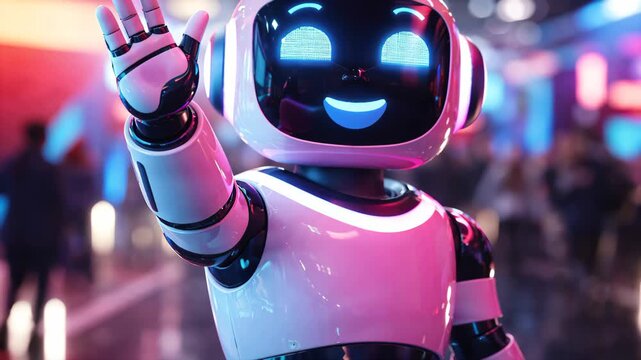 Smiling humanoid robot waving at technology exhibition, artificial intelligence showcase and innovation event concept.