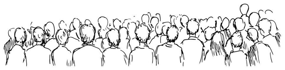 Obraz premium Large crowd of people standing together seen from behind in hand drawn doodle style