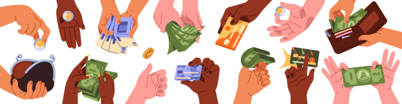 Set of hands with money. Banner with people holding coins, banknotes, wallets with dollar bills and cards. Wealth, finances and cash savings. Flat isolated vector illustrations on white background.