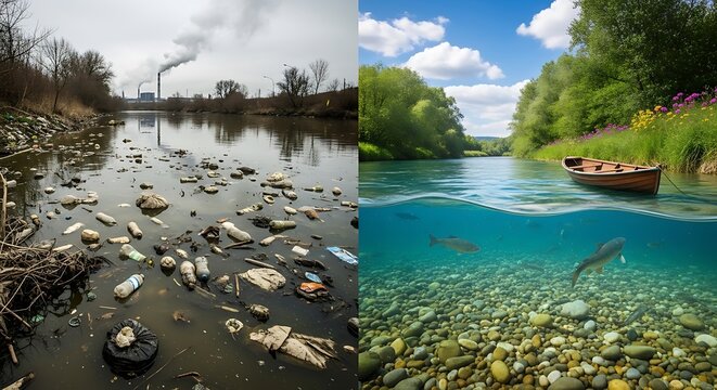 Polluted river with trash and industrial waste side by side with a clean river with fish and a boat