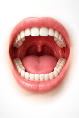 Obraz premium Closeup detailed view of a human mouth open wide with healthy white teeth and tongue