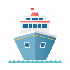 Cartoon cruise ship illustration with blue hull and red flag