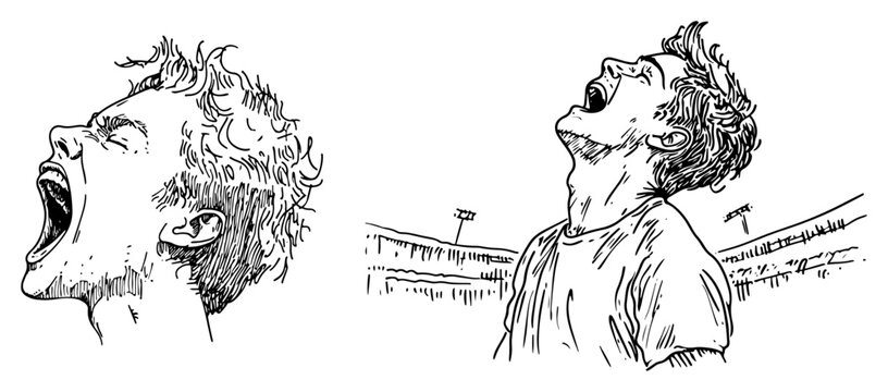 Expressive portraits of a man shouting and screaming in a stadium environment