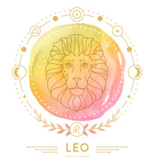 Naklejka premium Modern magic witchcraft card with astrology Leo zodiac sign characteristic on watercolor background. Vector illustration