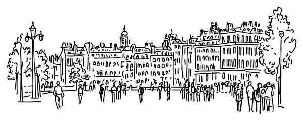 Panoramic view of a historic city square with many people walking by old buildings © Kaz