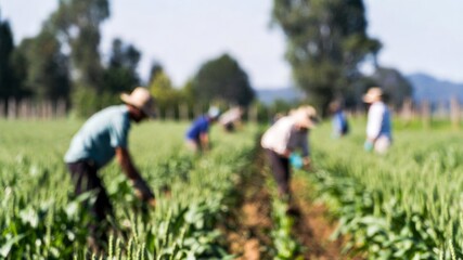 Farm workers laboring in a rural field, harvesting crops. Emphasizing agricultural industry, hard work, and food production